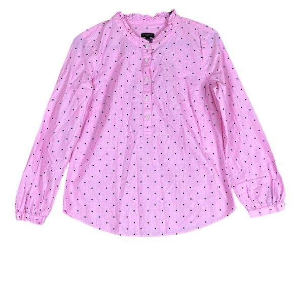 Talbots Womens Blouse Pink Black Polka Dot Ruffle Neck Long Sleeve Petite - Picture 1 of 12